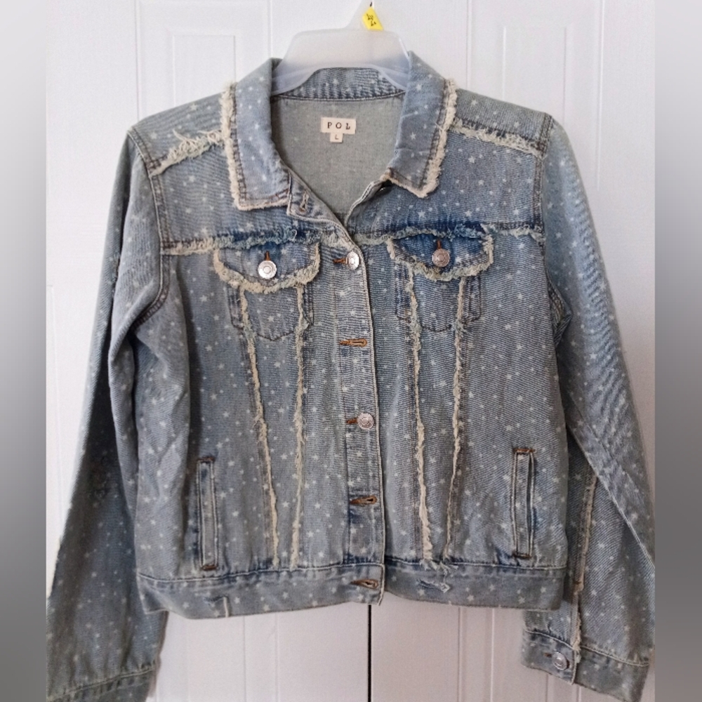 POL Star Print Cropped Denim Jacket Distressed Boho Western Women’s Large